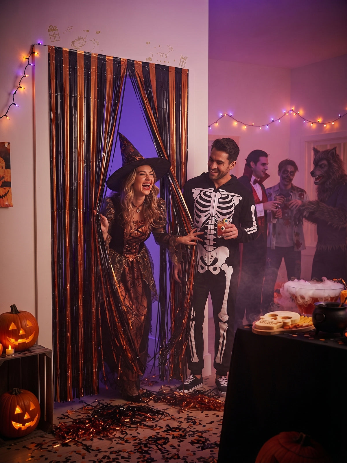 Cortina Metálica Halloween Naranja Y Negro 2 Metros Tiras Decoración
