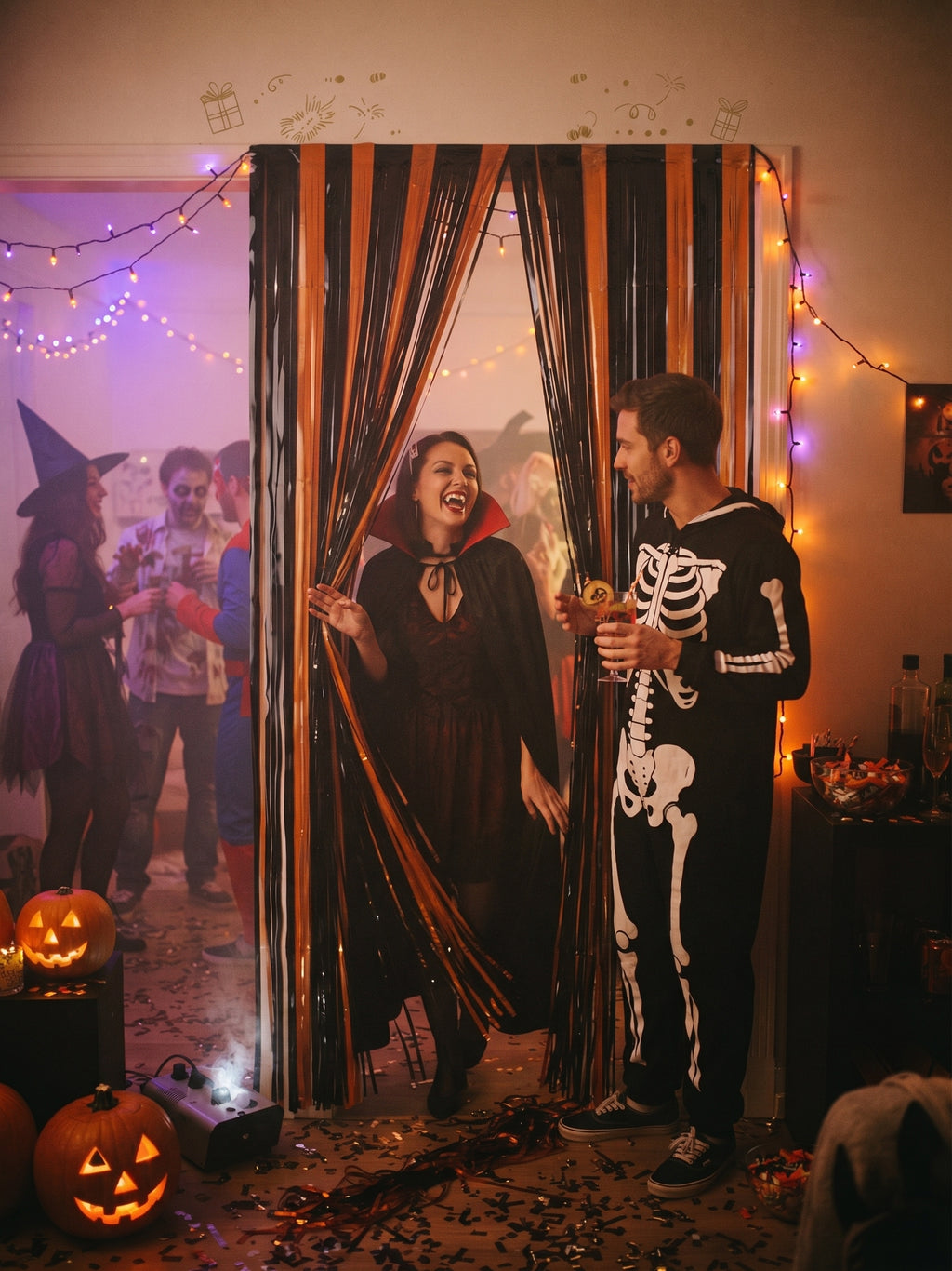 Cortina Metálica Halloween Naranja Y Negro 2 Metros Tiras Decoración