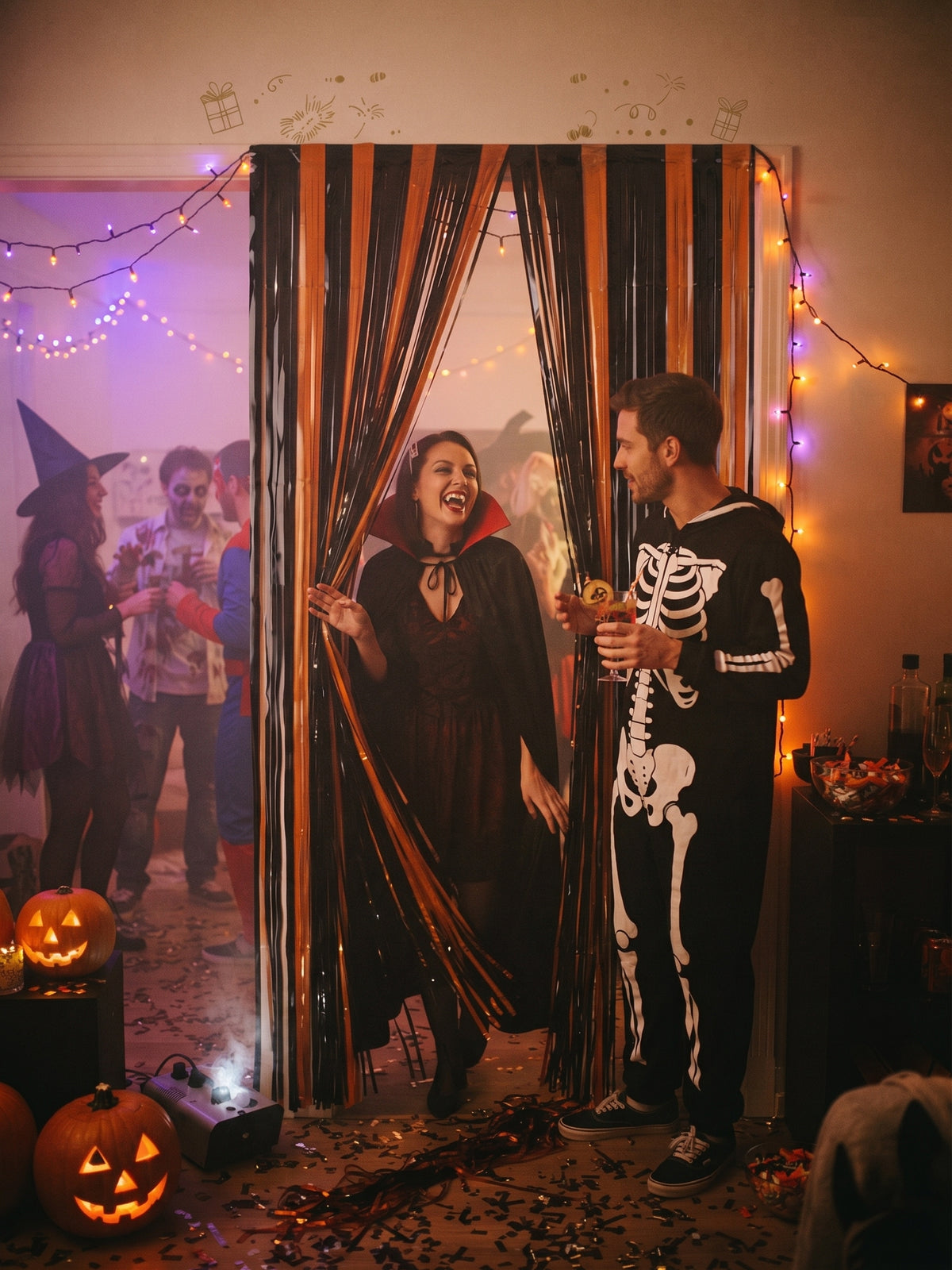 Cortina Metálica Halloween Naranja Y Negro 2 Metros Tiras Decoración