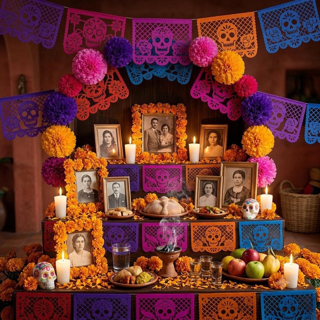 Papel Picado Flor de Cempasúchil Día de Muertos 30 Piezas | Adorno Tradicional por mayoreo