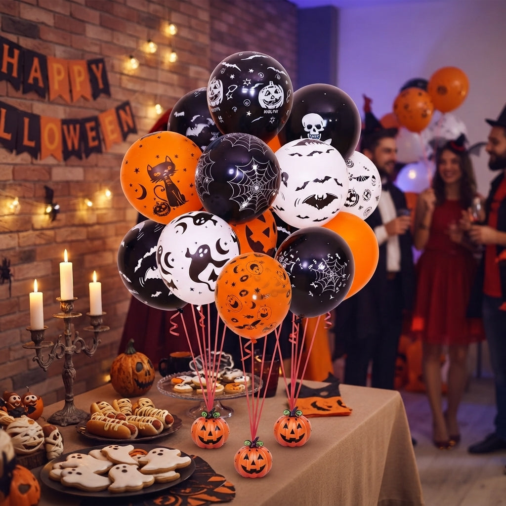 100 Globos Halloween #13 Calabaza Telaraña Fiesta Naranja