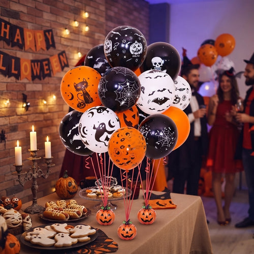 100 Globos Halloween #13 Calabaza Telaraña Fiesta Naranja